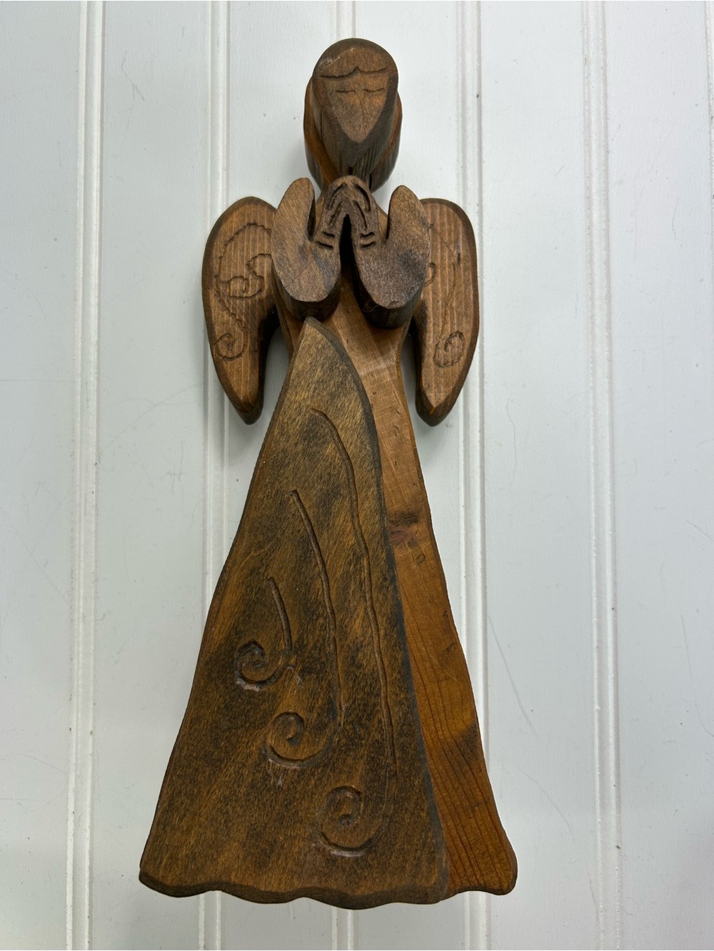 Vintage Angel Handcarved Wooden Statue Standing Brown Religious Praying 12 Inch